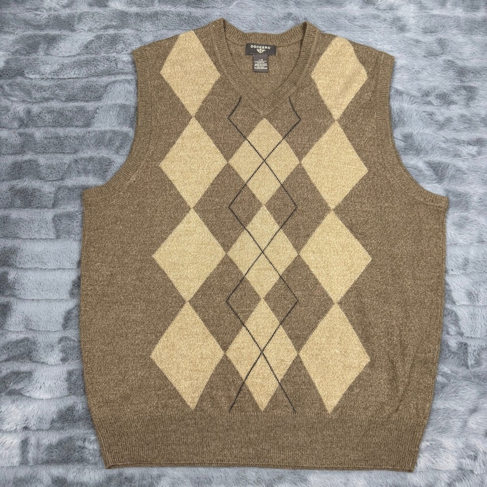 Dockers Mens Brown Argyle V-Neck Sweater Vest Acrylic Knit Large 14539